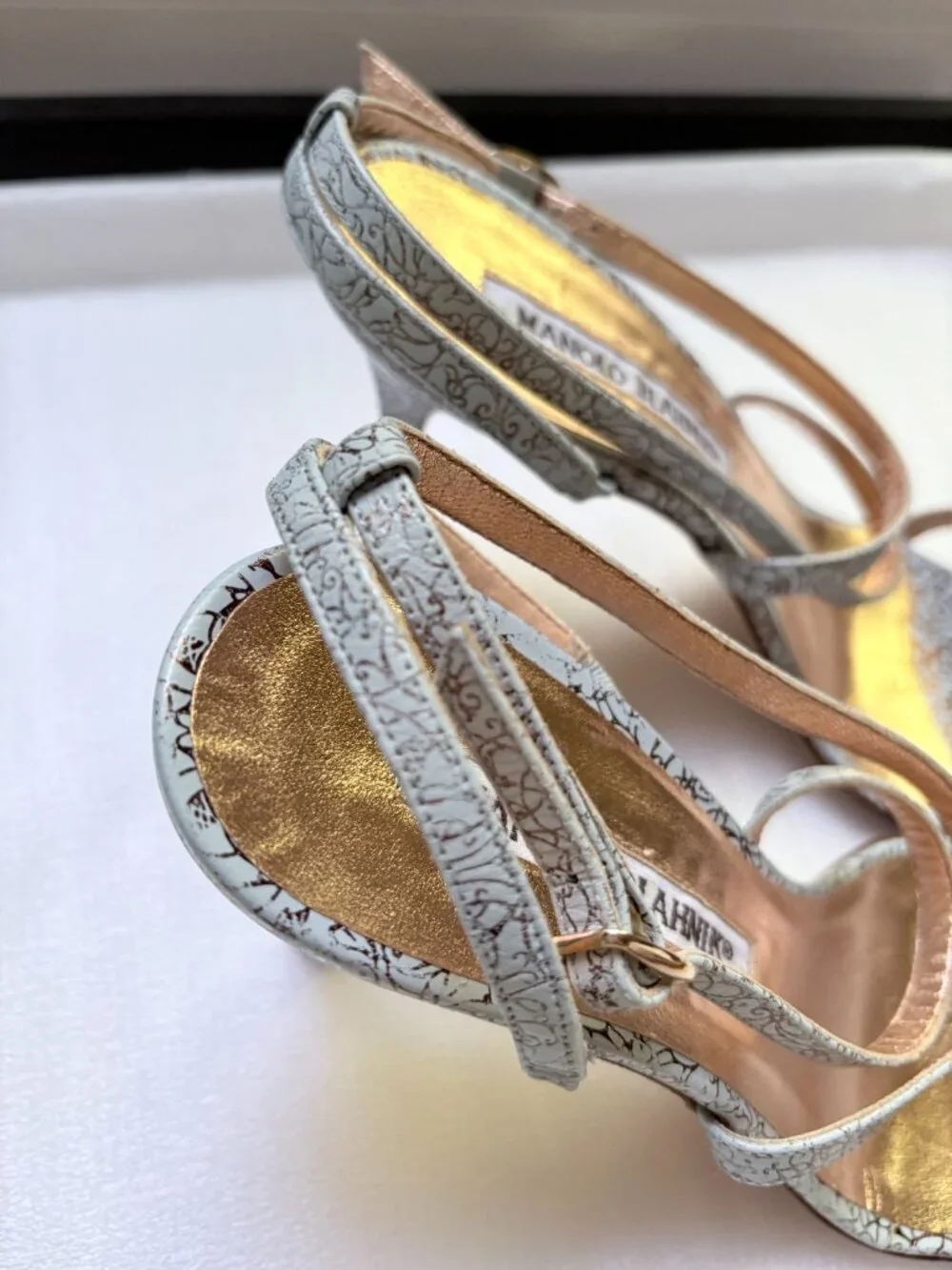 Manolo Blahnik Blue Gold Filigree Leather Strappy Heels EU 36